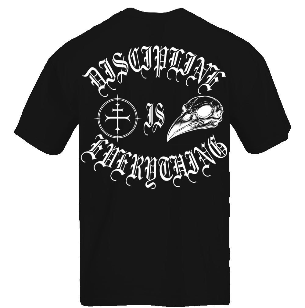 Discipline Is Everything V2 gym tee flat lay back, black colorway cotton blend unisex shirt by Lift Heavy Die Fit
