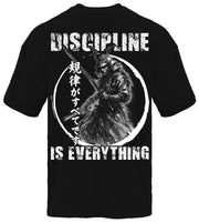 Discipline Is Everything Samurai pump cover black colorway back view showing rear design on oversized unisex gym tee