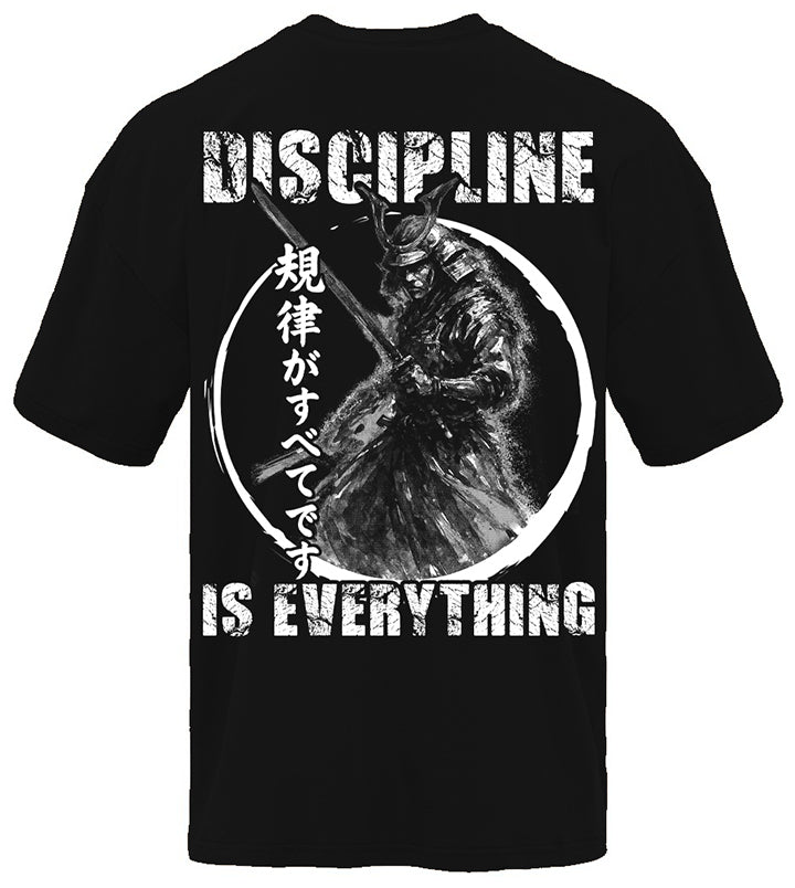 Discipline Is Everything Samurai pump cover black colorway back view showing rear design on oversized unisex gym tee