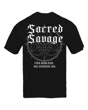 Sacred Savage gym shirt flat lay back showing full Old English Sacred Savage print and Icelandic script on black cotton