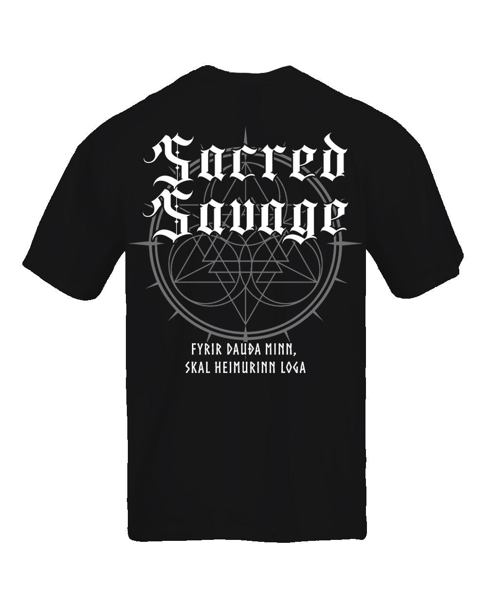 Sacred Savage gym shirt flat lay back showing full Old English Sacred Savage print and Icelandic script on black cotton