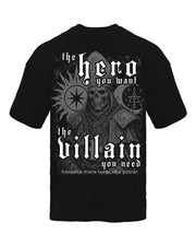 Hero You Want Villain You Need pump cover flat lay back showing full Evil Pope print on black unisex gym shirt