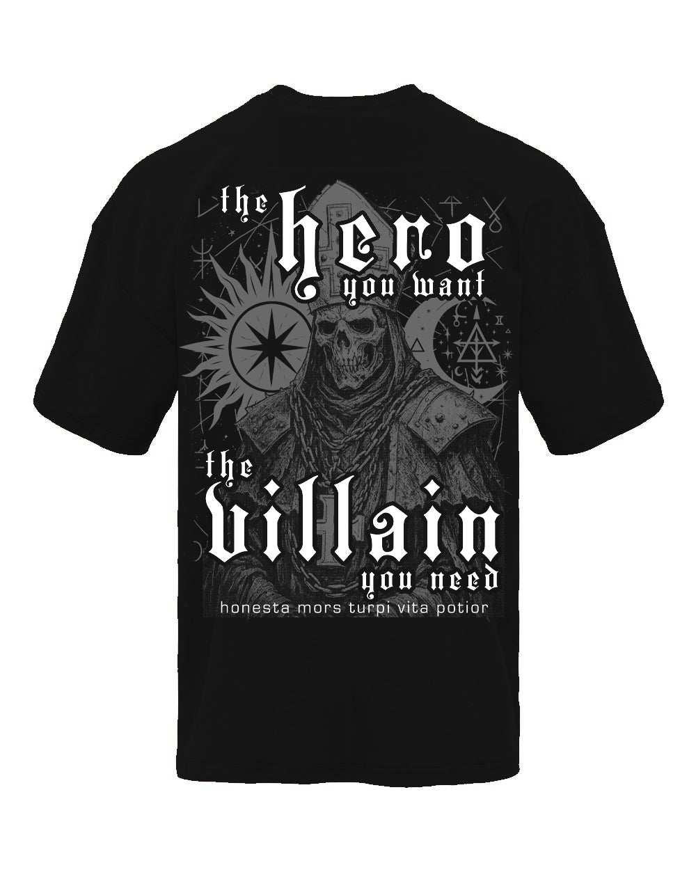 Hero You Want Villain You Need pump cover flat lay back showing full Evil Pope print on black unisex gym shirt
