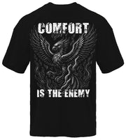 Comfort Is The Enemy Phoenix pump cover flat lay back, black oversized gym tee with large phoenix back print
