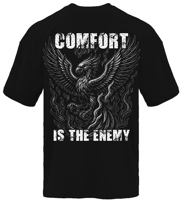 Comfort Is The Enemy Phoenix pump cover flat lay back, black oversized gym tee with large phoenix back print