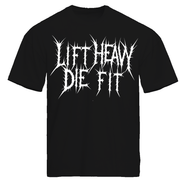 Discipline Is Everything V2 gym tee flat lay front, black colorway with bold graphic print by Lift Heavy Die Fit