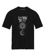 Hero You Want Villain You Need pump cover flat lay front showing sun and moon chest graphic on black cotton tee