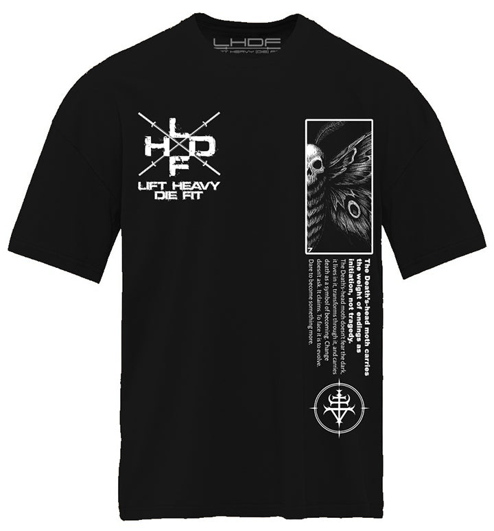 Death's Head Moth pump cover gym tee flat lay front view in black colorway with chest detail
