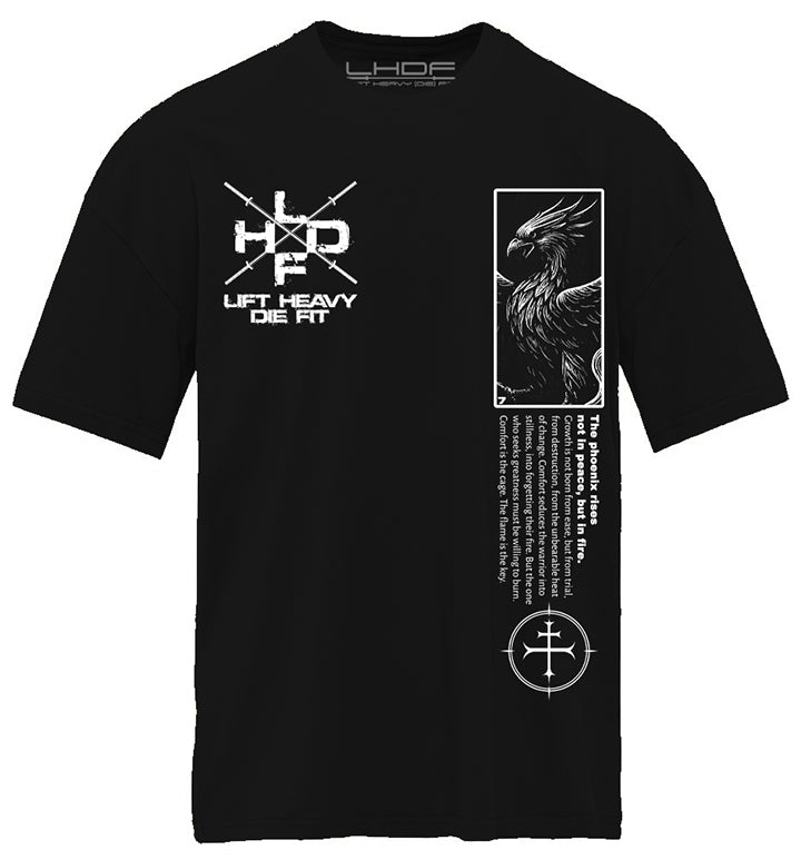 Comfort Is The Enemy Phoenix pump cover flat lay front, black oversized tee with phoenix and sigil graphic