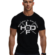 Crossed Barbells Discipline Is Everything gym t shirt in black, front view with white crossed barbell graphic on unisex cotton tee