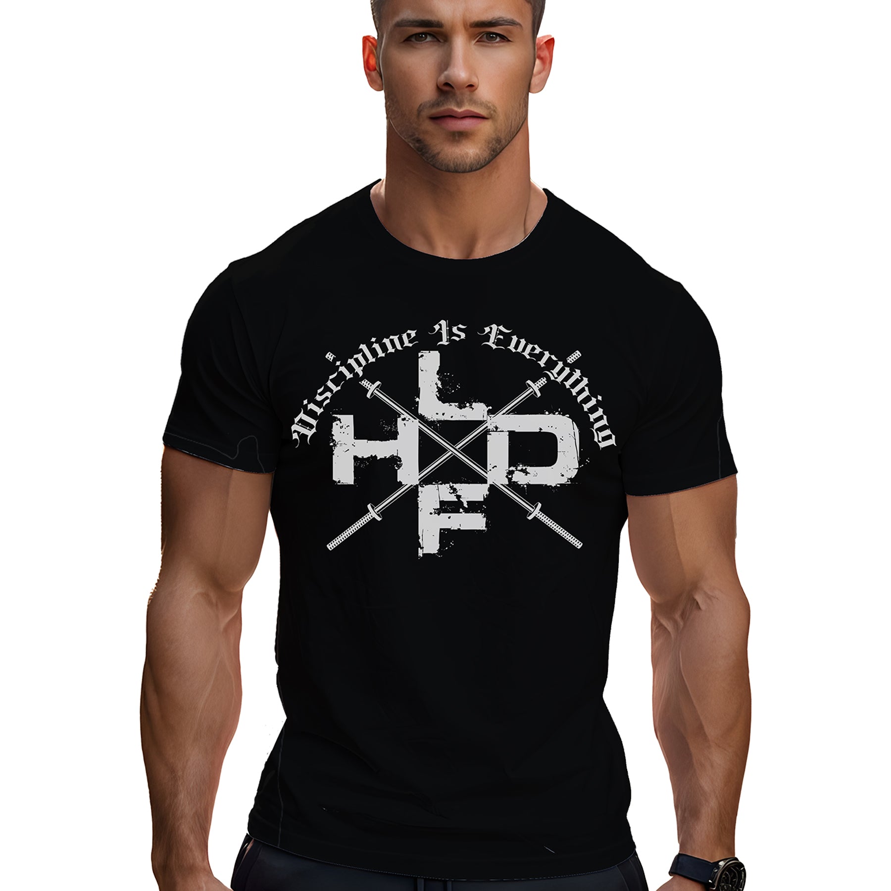 Crossed Barbells Discipline Is Everything gym t shirt in black, front view with white crossed barbell graphic on unisex cotton tee