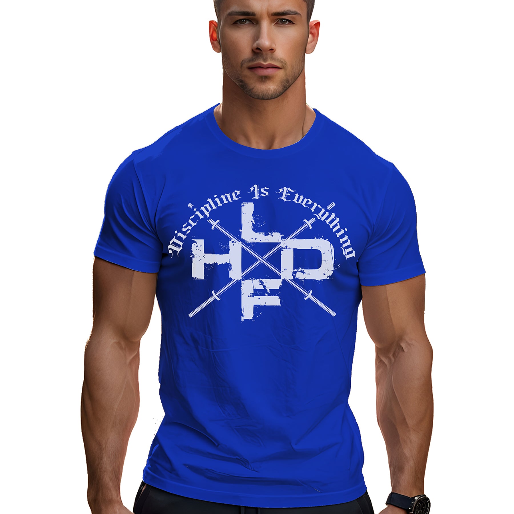 Crossed Barbells Discipline Is Everything gym t shirt in blue, front view showing barbell design on unisex medium weight cotton tee