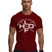 Crossed Barbells Discipline Is Everything gym t shirt in burgundy, front view with crossed barbell design on medium weight cotton tee