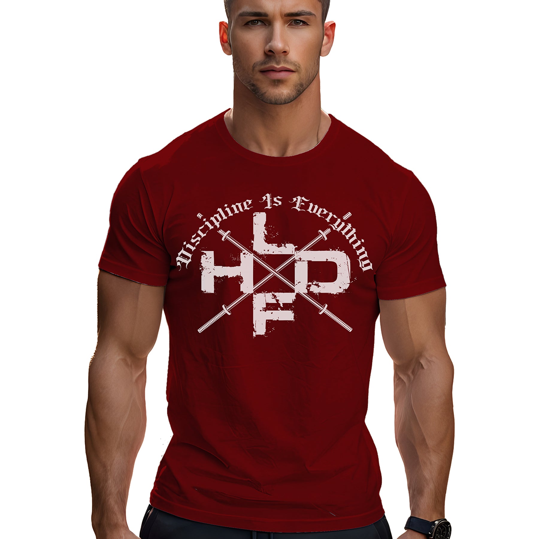 Crossed Barbells Discipline Is Everything gym t shirt in burgundy, front view with crossed barbell design on medium weight cotton tee