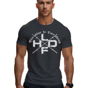 Crossed Barbells Discipline Is Everything gym t shirt in dark grey, front view showing crossed barbell design on regular fit cotton tee