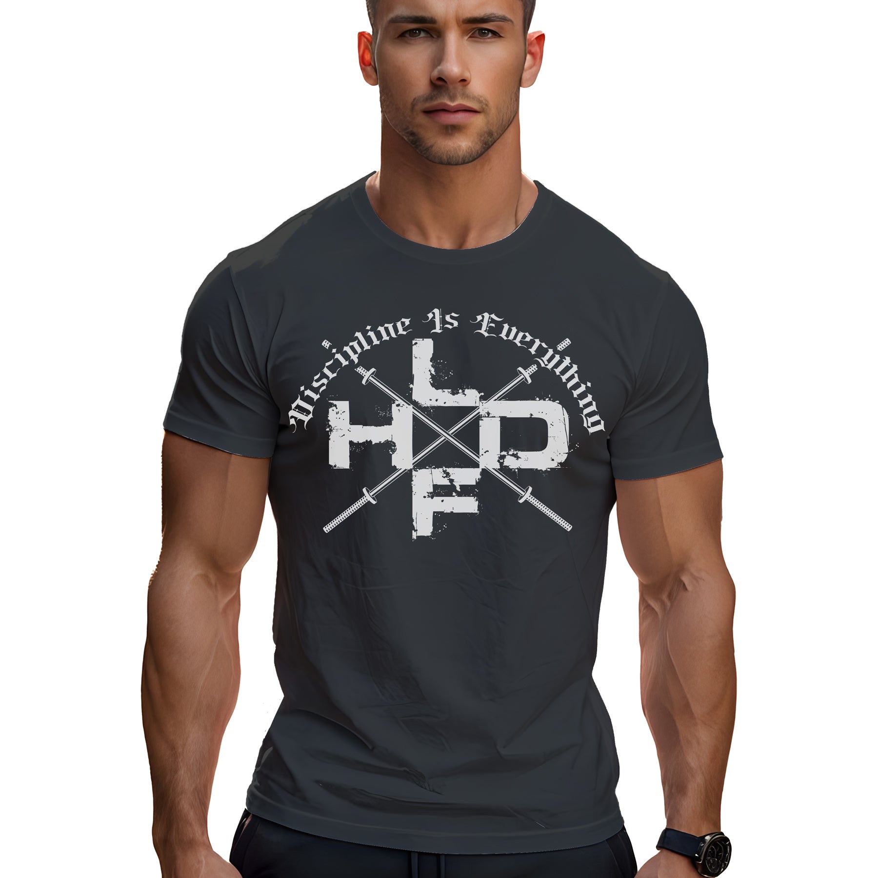 Crossed Barbells Discipline Is Everything gym t shirt in dark grey, front view showing crossed barbell design on regular fit cotton tee