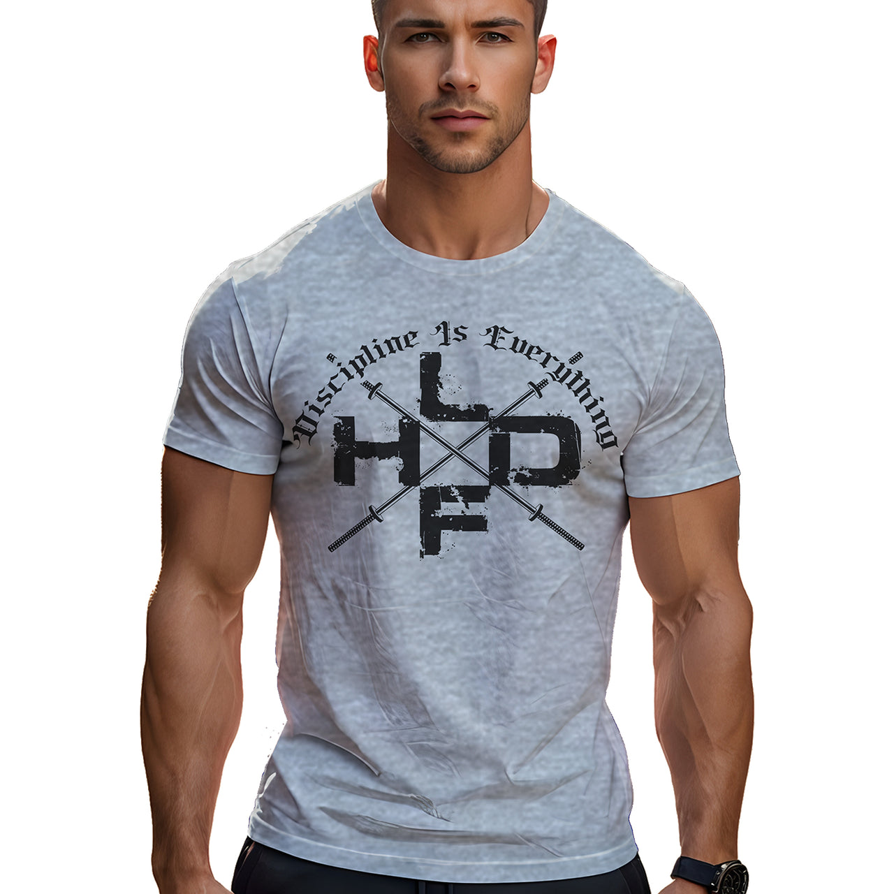 Crossed Barbells Discipline Is Everything gym t shirt in heather grey, front view with bold discipline motto on unisex cotton tee