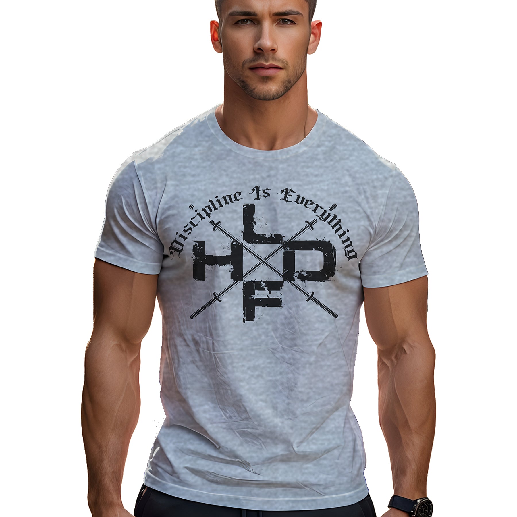 Crossed Barbells Discipline Is Everything gym t shirt in heather grey, front view with bold discipline motto on unisex cotton tee