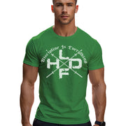 Crossed Barbells Discipline Is Everything gym t shirt in kelly green, front view showing barbell graphic on regular fit unisex tee