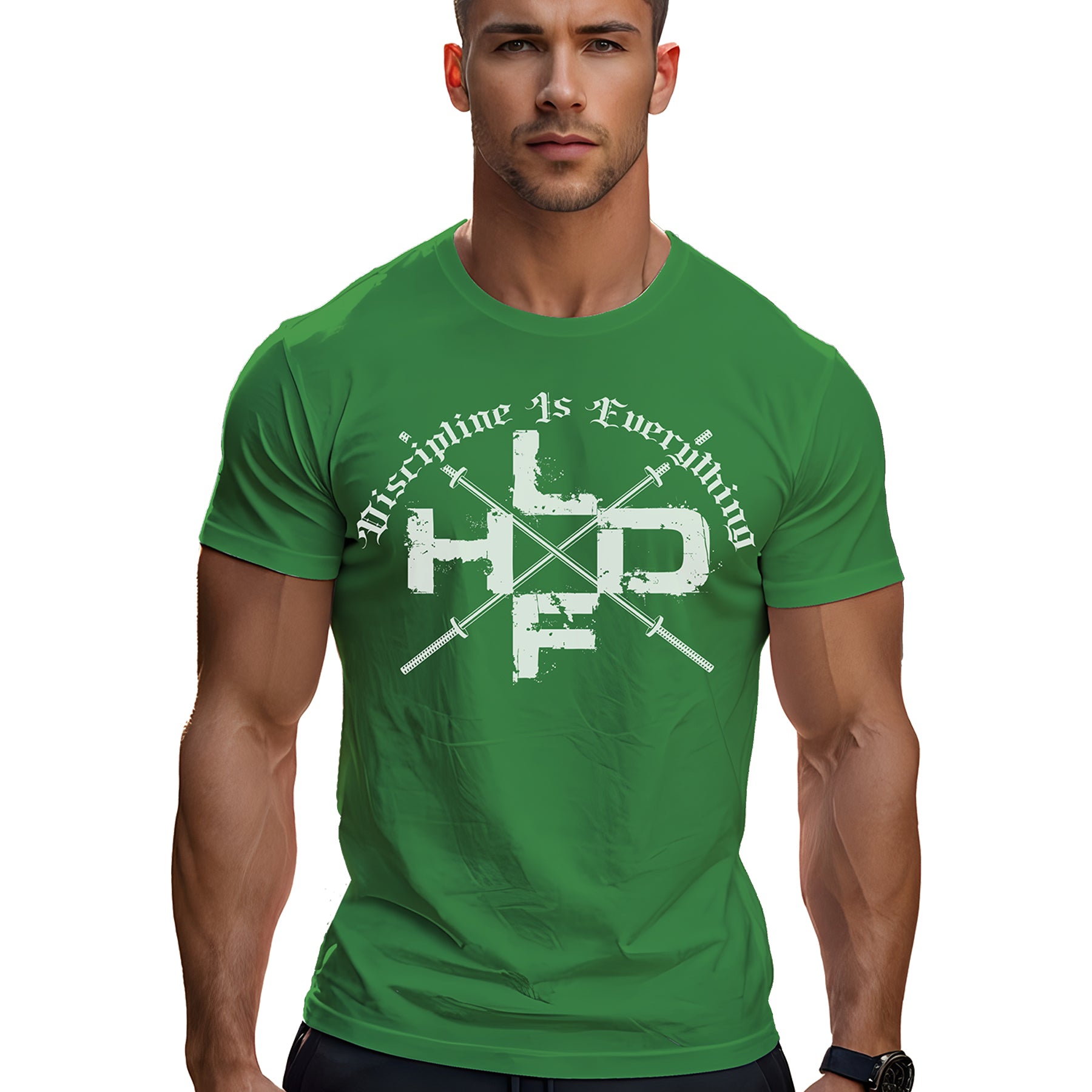 Crossed Barbells Discipline Is Everything gym t shirt in kelly green, front view showing barbell graphic on regular fit unisex tee