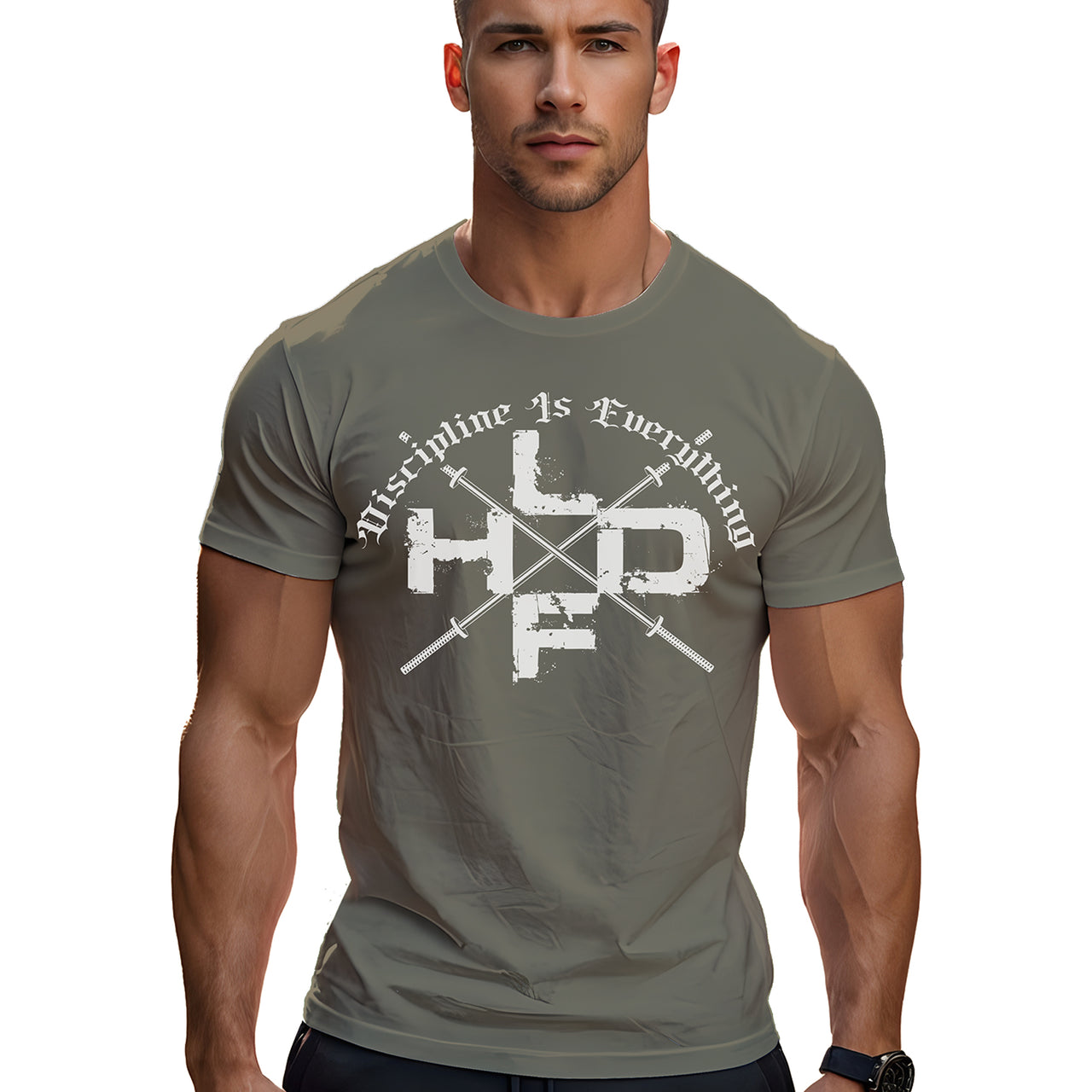 Crossed Barbells Discipline Is Everything gym t shirt in light olive, front view with crossed barbell graphic on cotton unisex tee