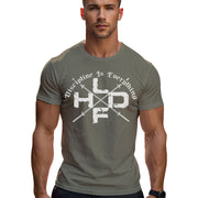 Crossed Barbells Discipline Is Everything gym t shirt in light olive, front view with crossed barbell graphic on cotton unisex tee