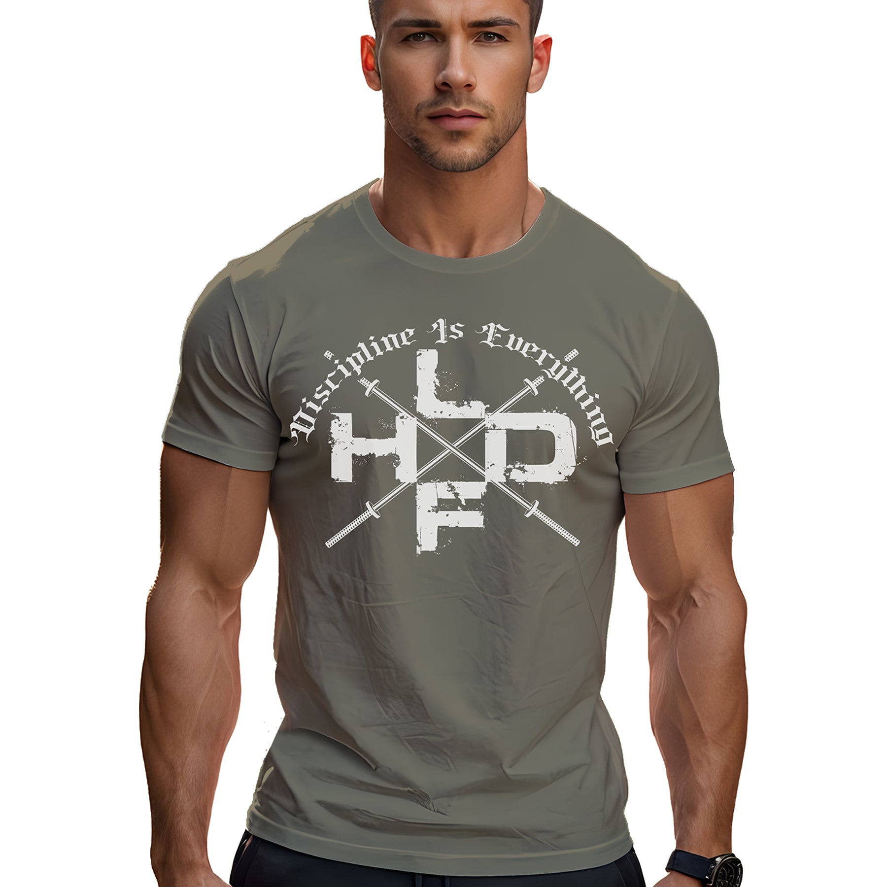 Crossed Barbells Discipline Is Everything gym t shirt in light olive, front view with crossed barbell graphic on cotton unisex tee