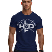 Crossed Barbells Discipline Is Everything gym t shirt in navy, front view with crossed barbell graphic on USA printed cotton tee