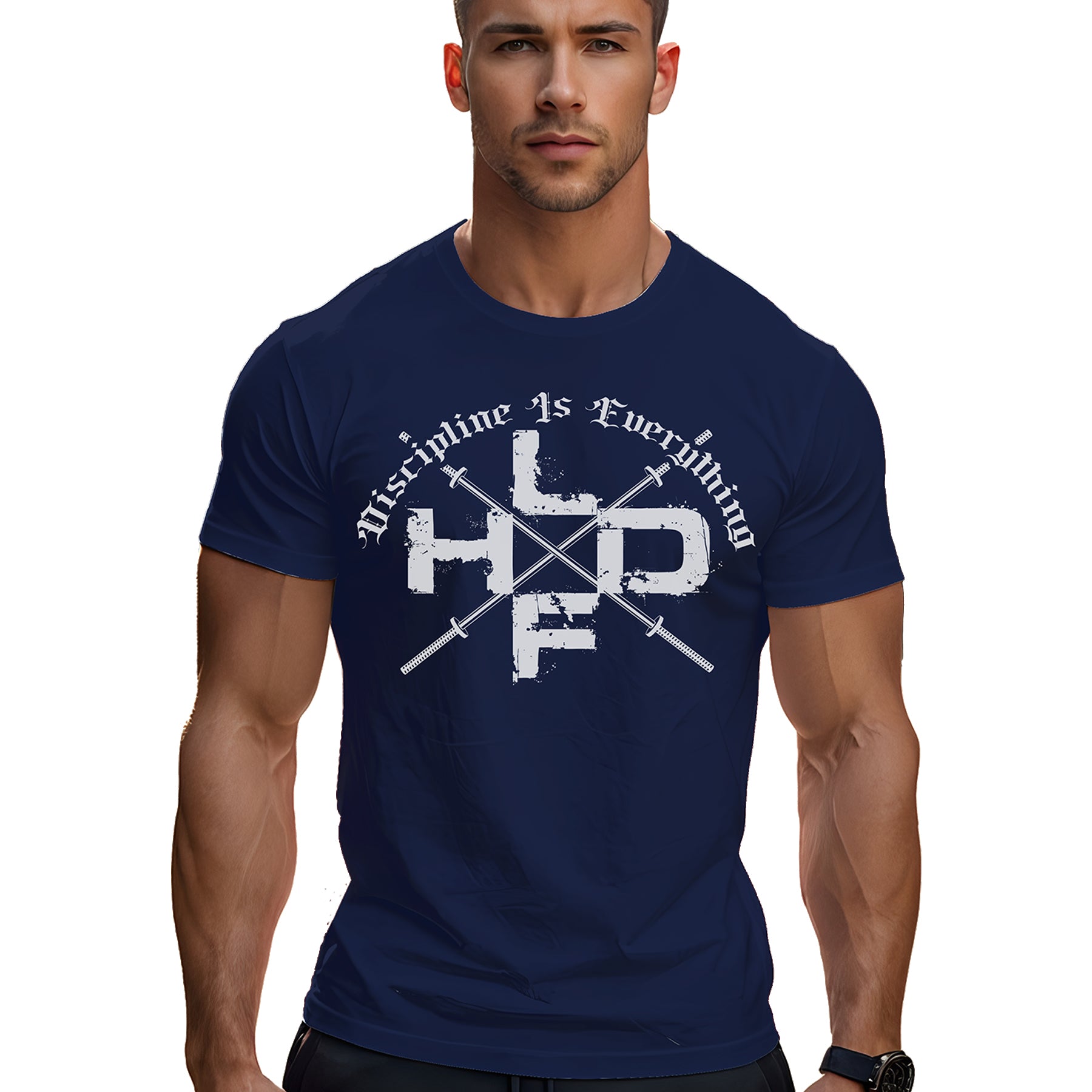 Crossed Barbells Discipline Is Everything gym t shirt in navy, front view with crossed barbell graphic on USA printed cotton tee