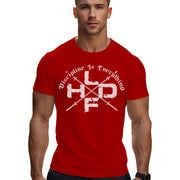 Crossed Barbells Discipline Is Everything gym t shirt in red, front view showing discipline motto on unisex regular fit cotton tee