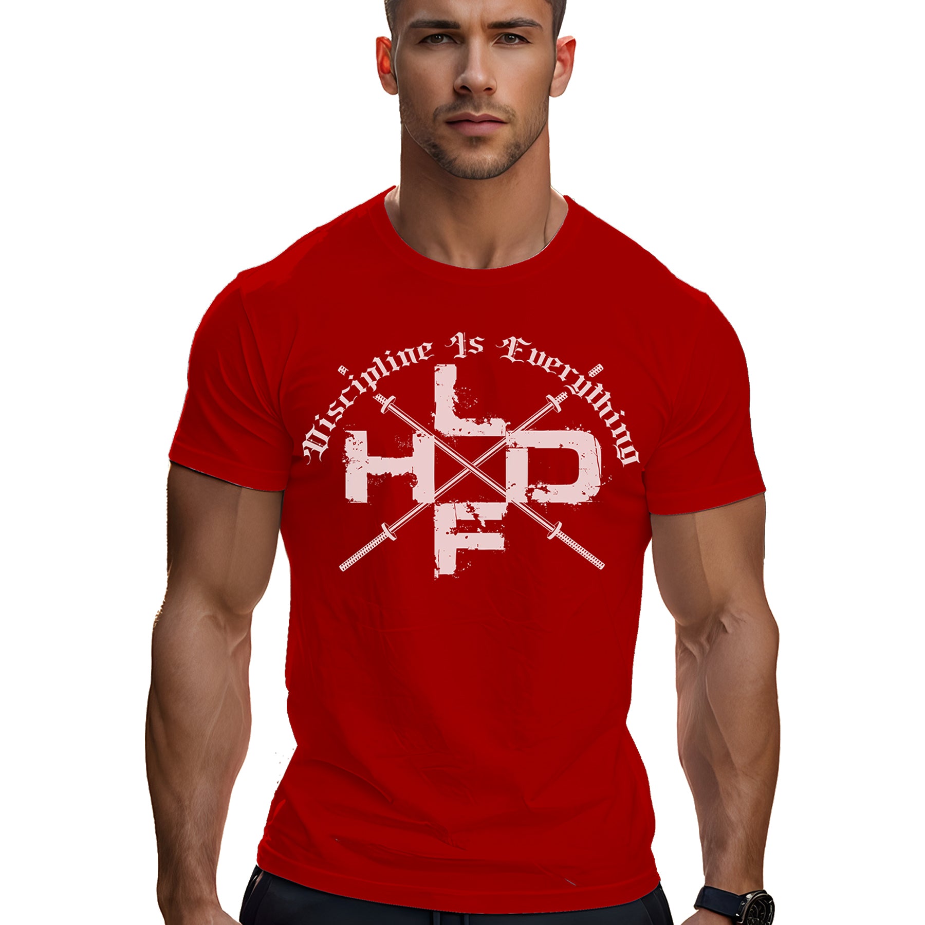 Crossed Barbells Discipline Is Everything gym t shirt in red, front view showing discipline motto on unisex regular fit cotton tee