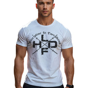 Crossed Barbells Discipline Is Everything gym t shirt in white, front view with crossed barbell graphic on regular fit unisex tee