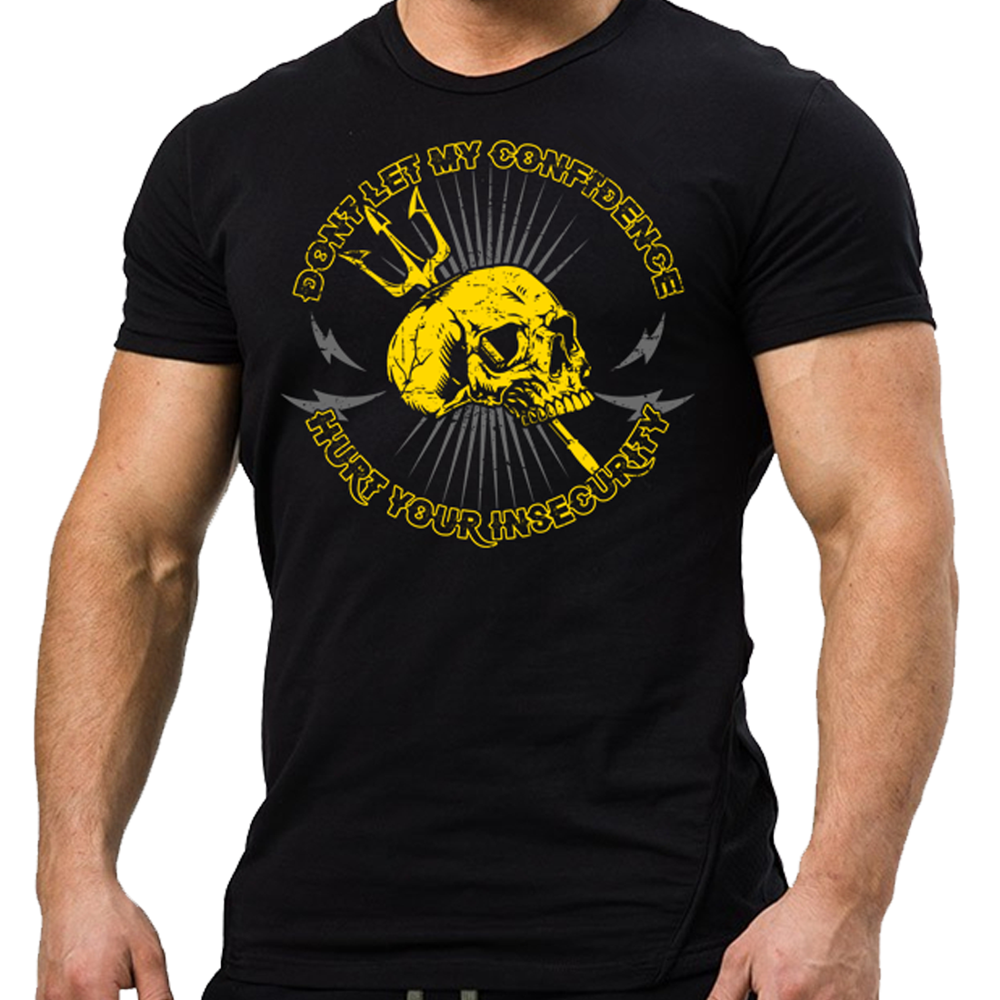 Don't Let My Confidence Hurt Your Insecurity unisex t shirt front view in black, bold white text print on cotton tee