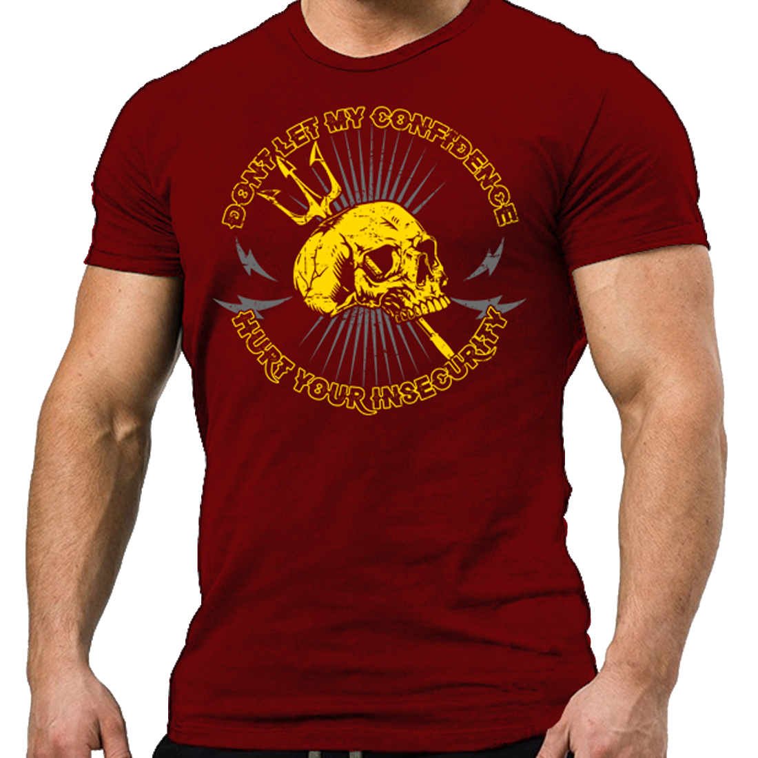 Don't Let My Confidence Hurt Your Insecurity unisex t shirt front view in burgundy, printed regular fit cotton tee