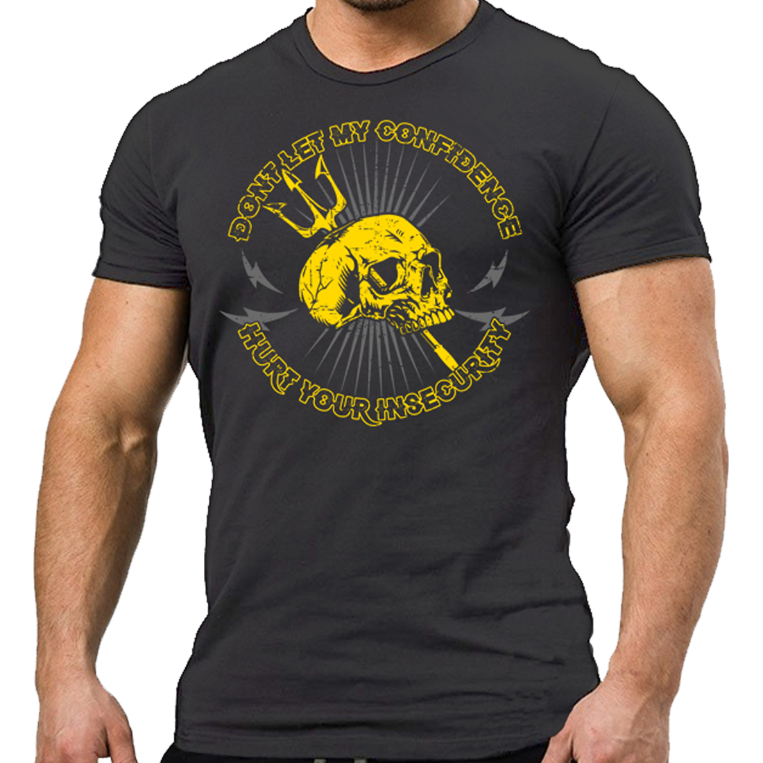 Don't Let My Confidence Hurt Your Insecurity unisex t shirt front view in dark grey, printed cotton regular fit tee