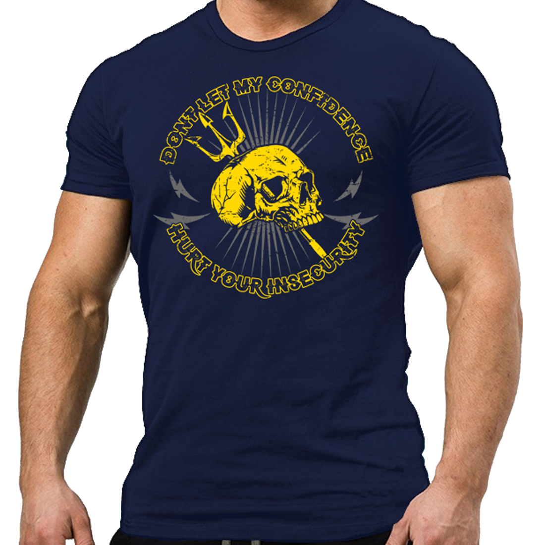 Don't Let My Confidence Hurt Your Insecurity unisex t shirt front view in navy, regular fit statement cotton tee