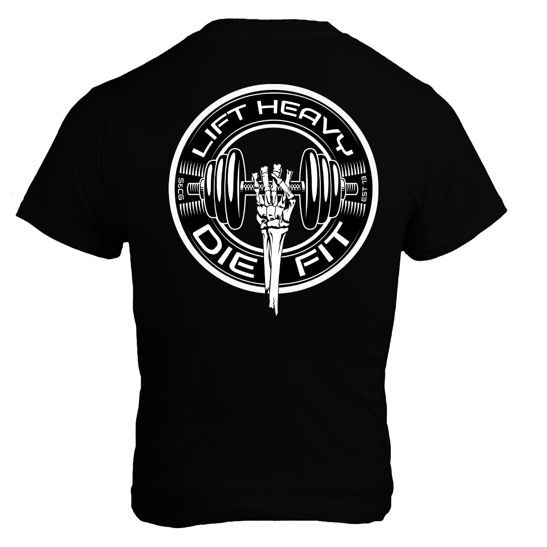 Lift Heavy Die Fit unisex cotton gym t shirt back view in black showing rear design printed in the USA