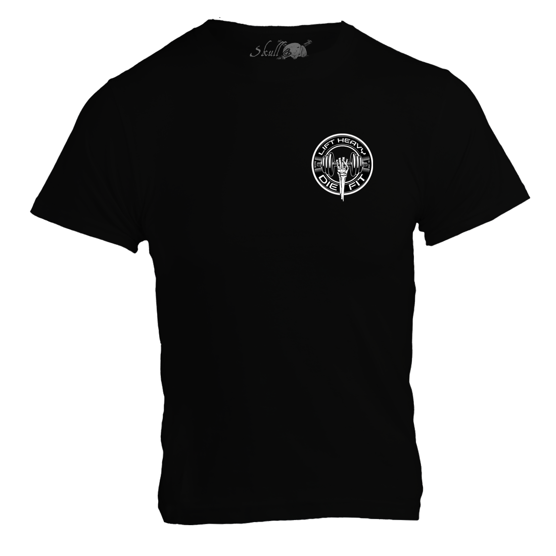 Lift Heavy Die Fit unisex cotton gym t shirt front view in black with bold graphic print for lifters