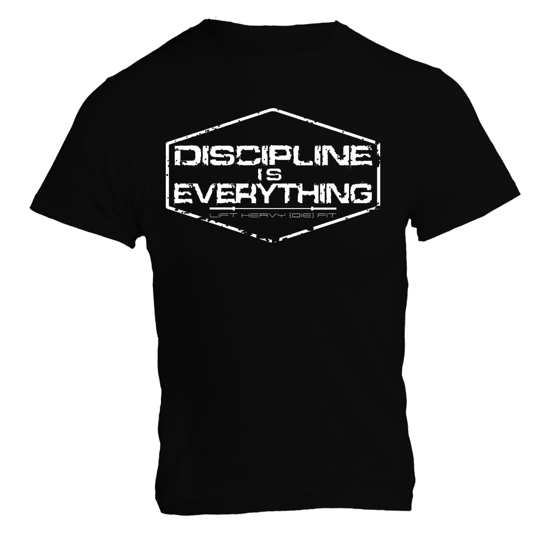 Discipline Is Everything gym t shirt in black, front flat lay showing bold chest graphic, midweight cotton unisex tee