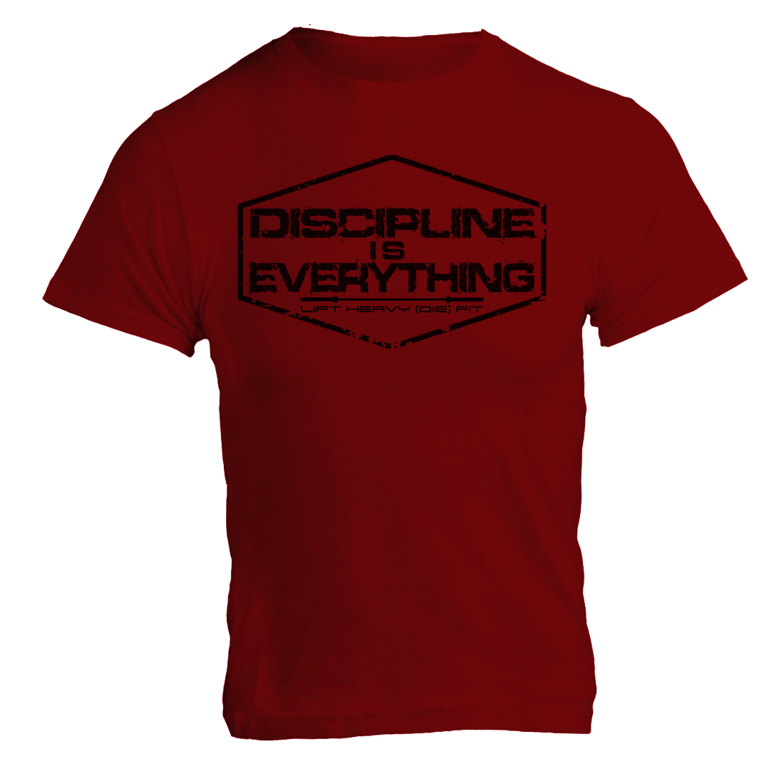 Discipline Is Everything gym t shirt in burgundy, front flat lay showing motivational graphic, unisex regular fit