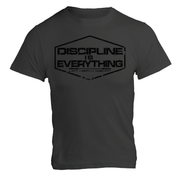 Discipline Is Everything gym t shirt in dark grey, front flat lay showing bold text graphic, unisex regular fit