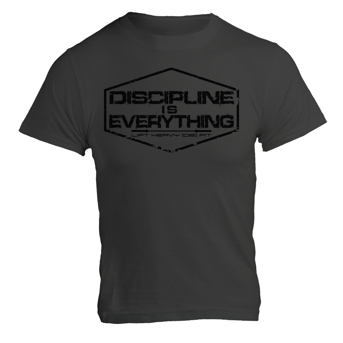 Discipline Is Everything gym t shirt in dark grey, front flat lay showing bold text graphic, unisex regular fit