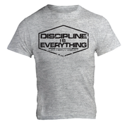 Discipline Is Everything gym t shirt in heather grey, front flat lay showing printed text design, unisex fit