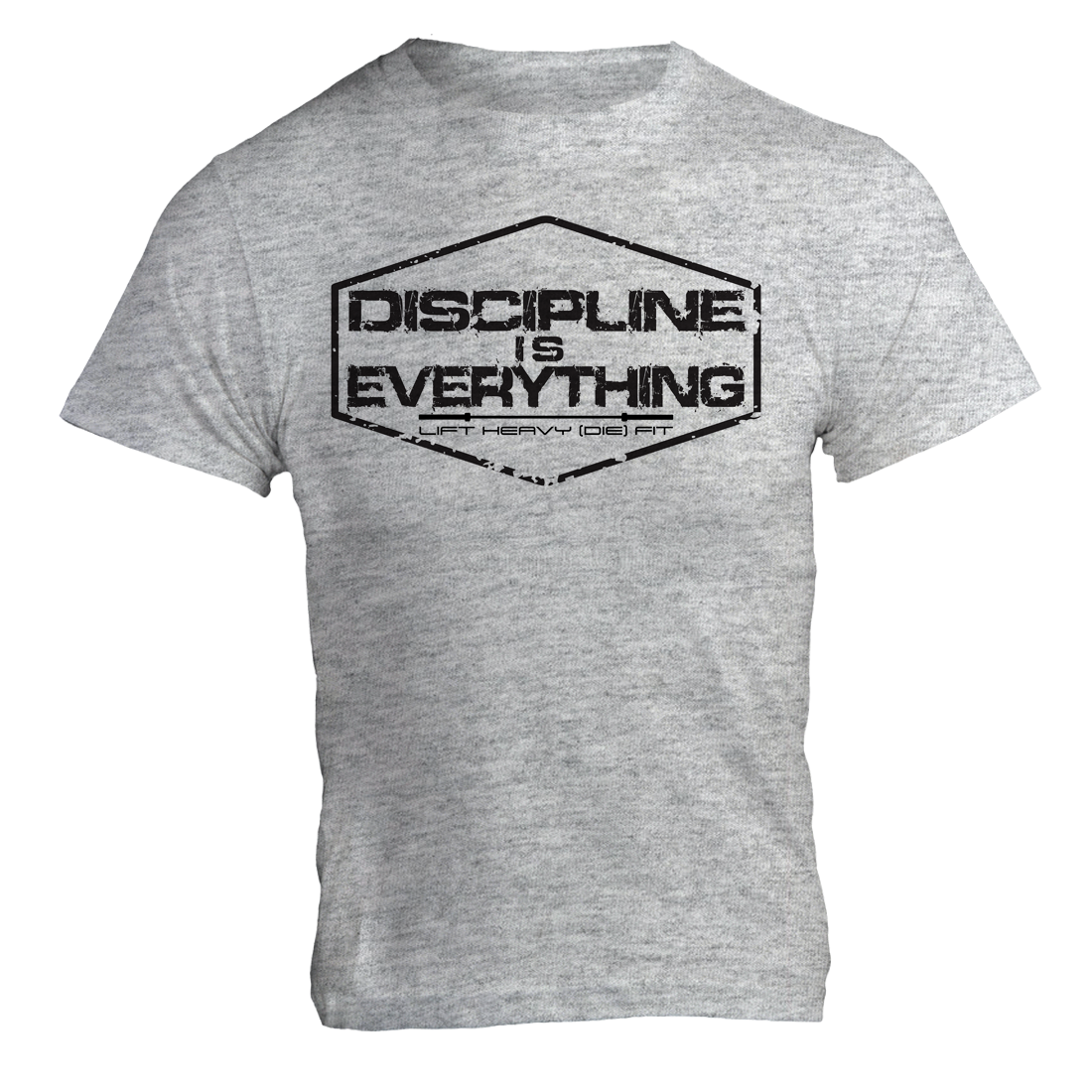 Discipline Is Everything gym t shirt in heather grey, front flat lay showing printed text design, unisex fit