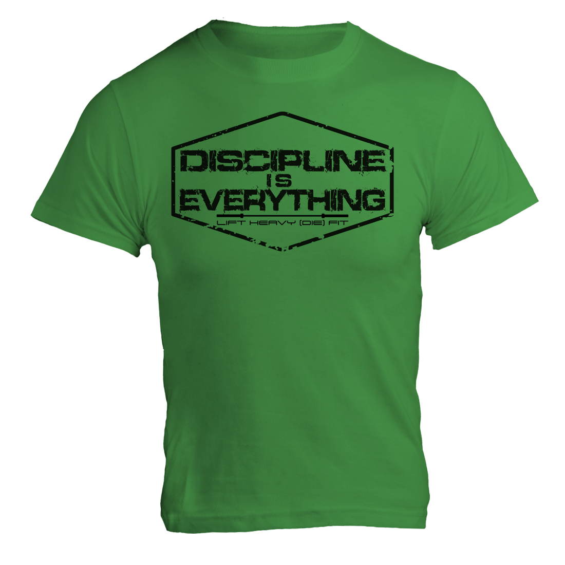 Discipline Is Everything gym t shirt in kelly green, front flat lay showing printed chest graphic, unisex lifting tee