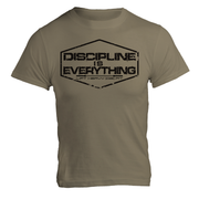 Discipline Is Everything gym t shirt in olive, front flat lay showing chest print, midweight cotton weightlifting tee
