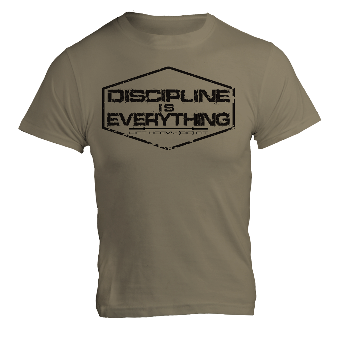 Discipline Is Everything gym t shirt in olive, front flat lay showing chest print, midweight cotton weightlifting tee