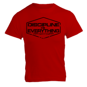 Discipline Is Everything gym t shirt in red, front flat lay showing bold printed text, USA made lifting tee