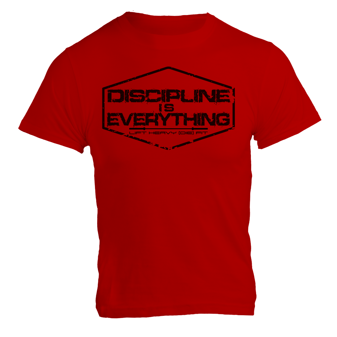 Discipline Is Everything gym t shirt in red, front flat lay showing bold printed text, USA made lifting tee