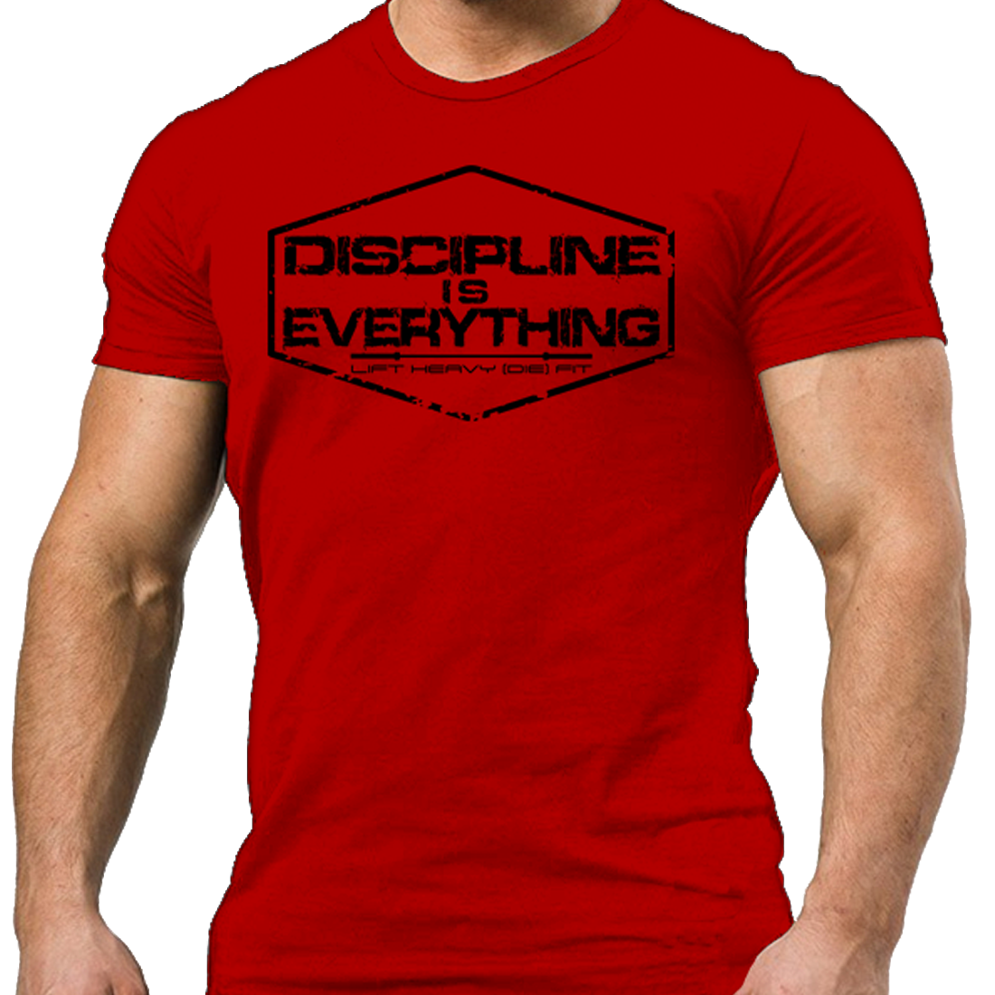 Discipline Is Everything gym t shirt in red, front view on model showing bold chest graphic, unisex regular fit